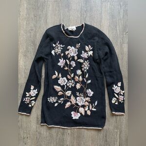 Worthington Black and Pink Crew Neck Sweater with Floral Embroidery